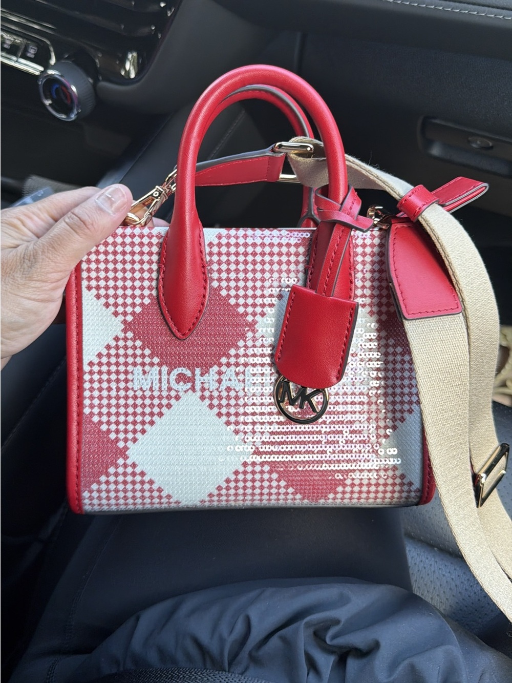 Michael Kors Red and Cream Mini Satchel with Gold Hardware
